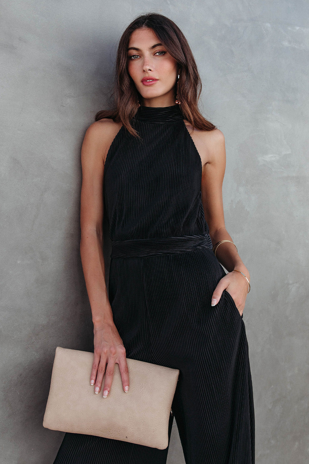 Black Button Halter Neck Keyhole Back Ribbed Jumpsuit