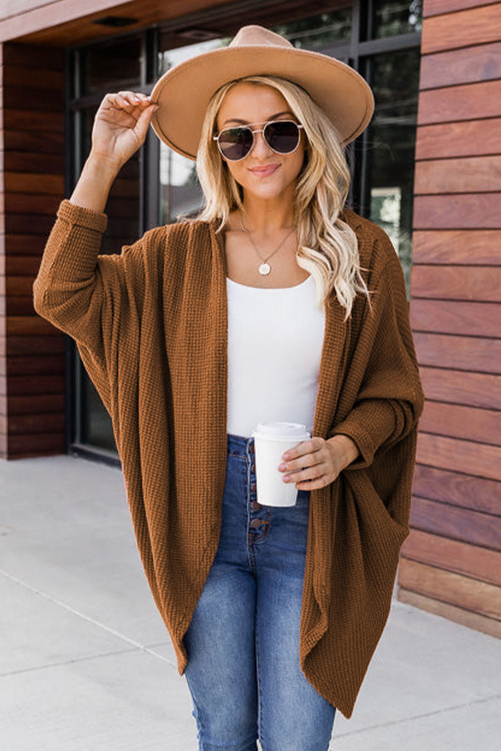 Brown Waffle Knit Open Front Rounded Hem Cardigan
