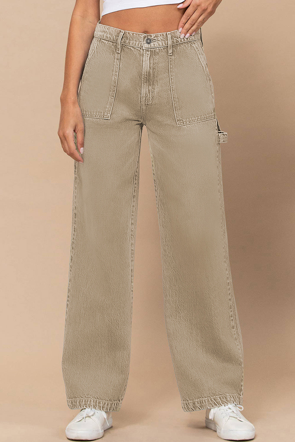 Khaki High Waist Flap Pocket Wide-Leg Jeans