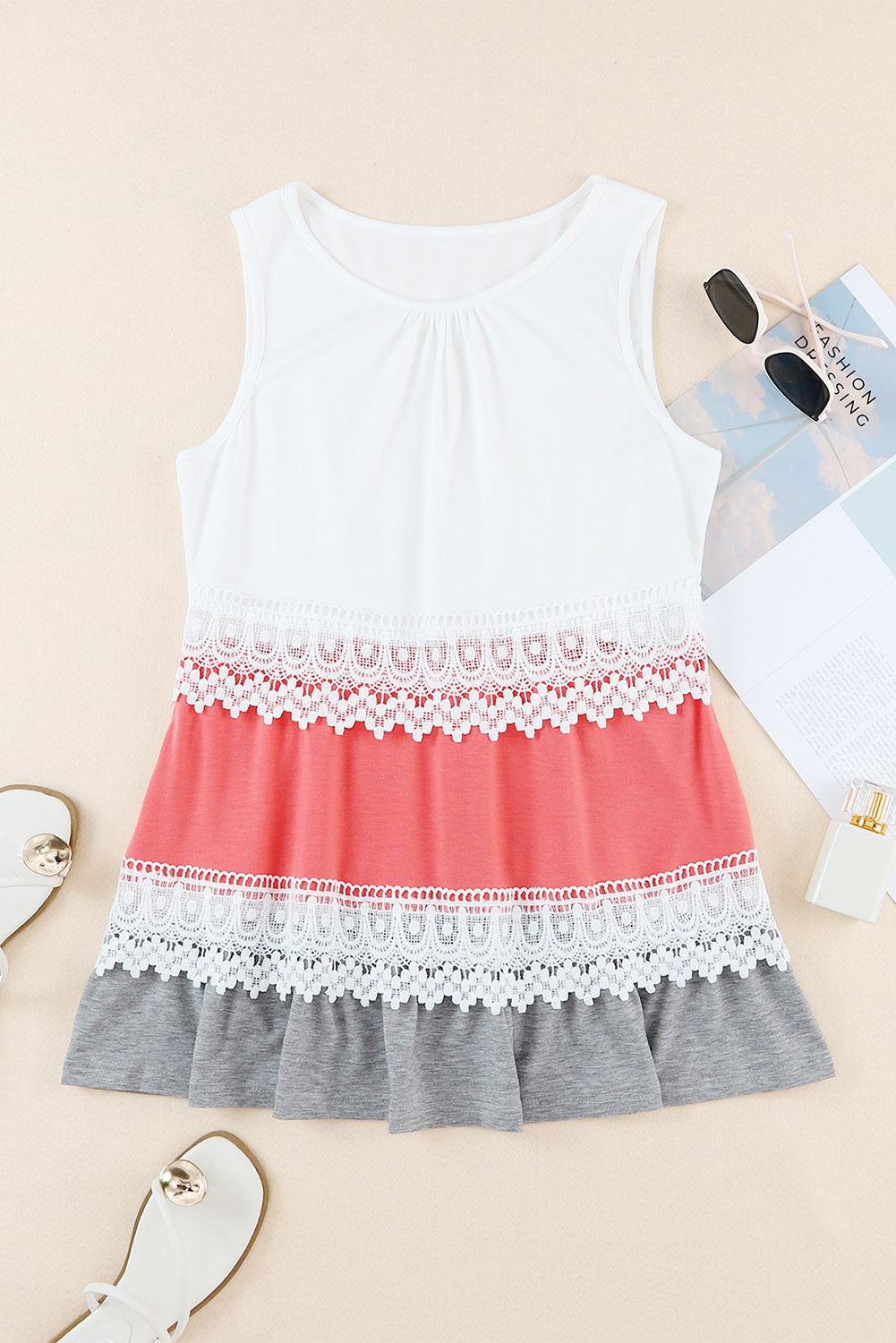 White Crochet Lace Trim Color Block Tank Top