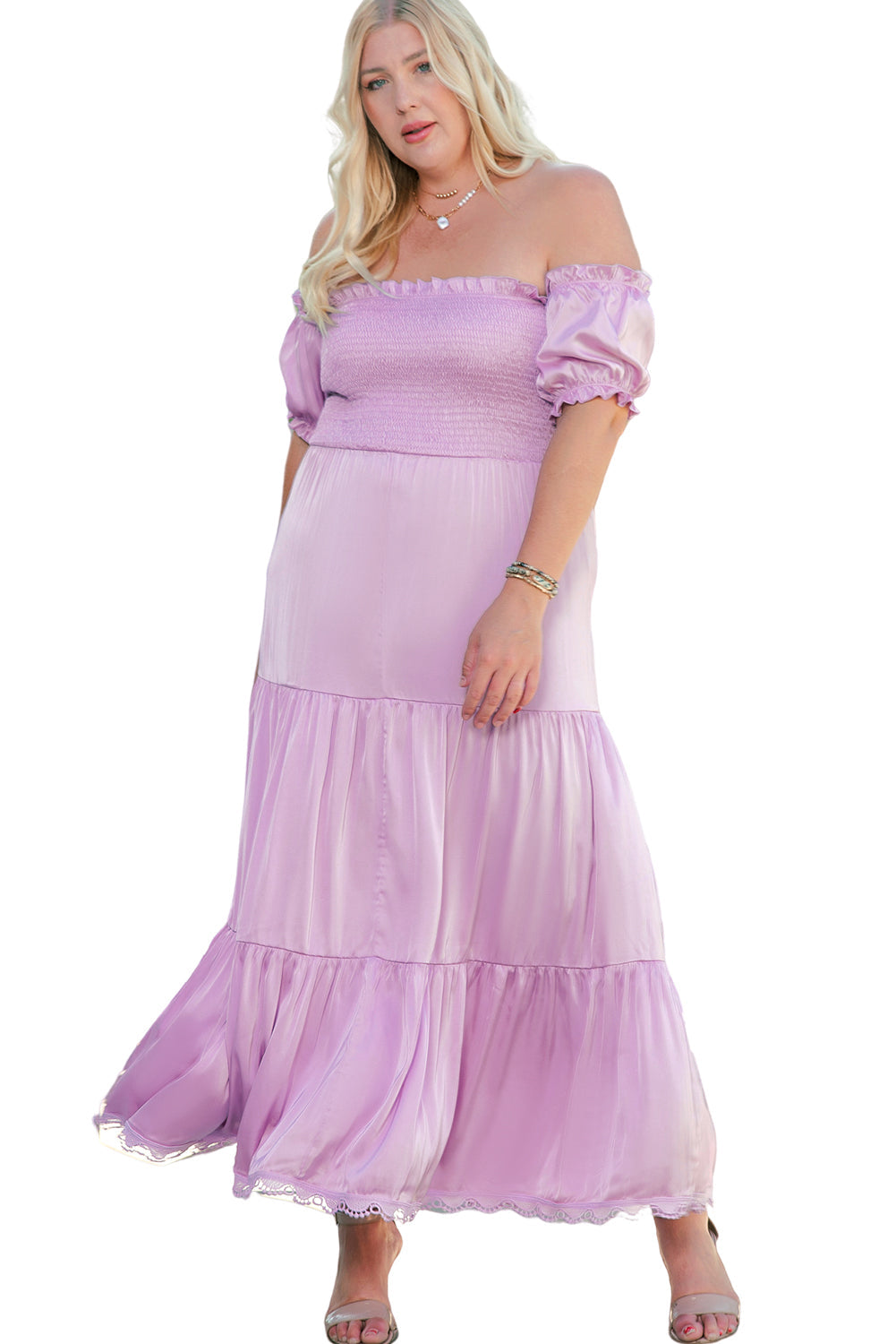 Purple Ruffled Smocked Off Shoulder Plus Size Maxi Dress