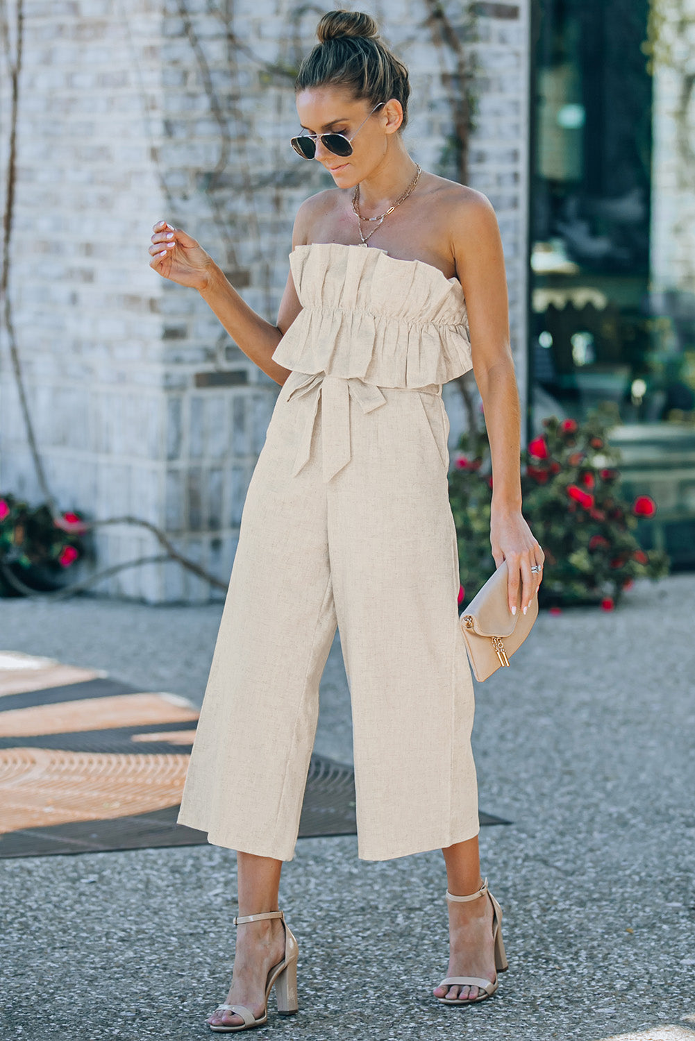 Black Ruffled Strapless Wide Leg Jumpsuit