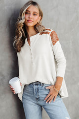 White Contrast Crochet Lace Henley Top