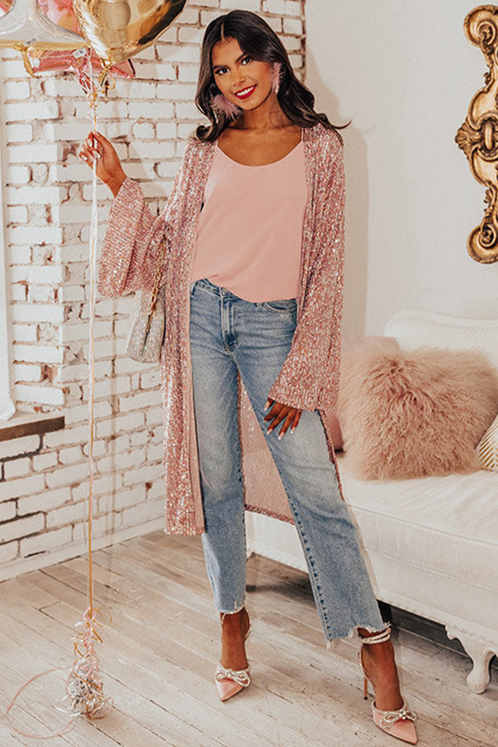 Pink Flare Sleeve Open Front Sequin Kimono