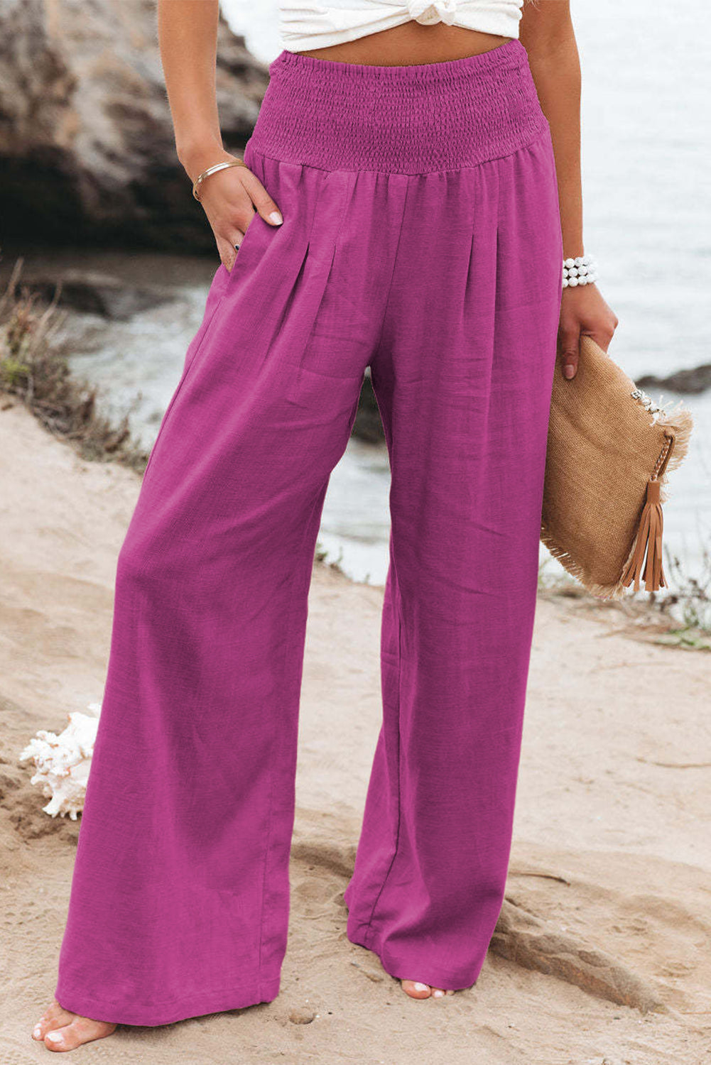 Black Smocked Wide Waistband High Waist Wide Leg Pants