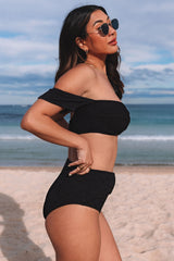 Black Crinkle Textured Bandeau High Waist Bikini Set