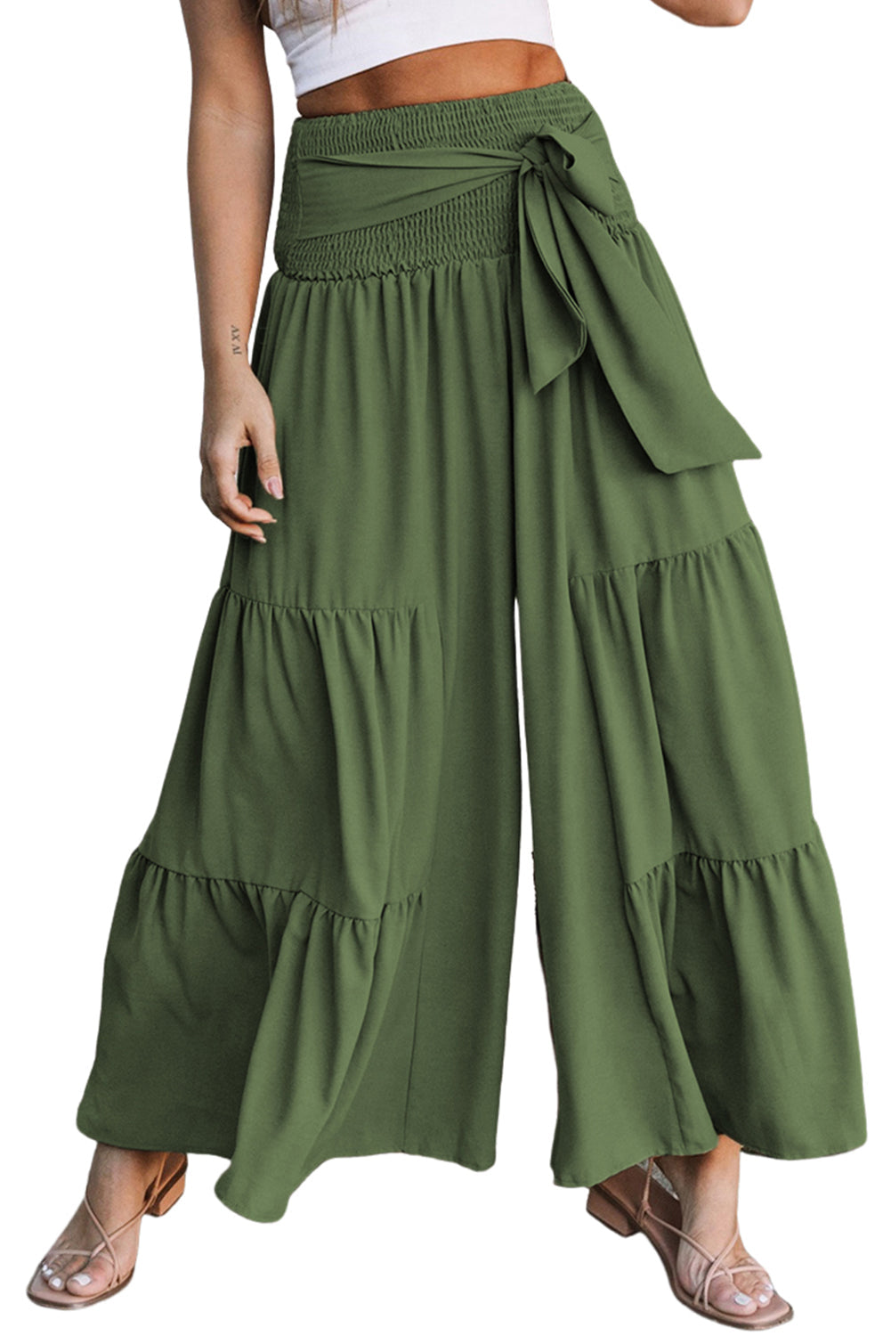 Khaki Lace up Smocked Waist Tiered Wide Leg Pants