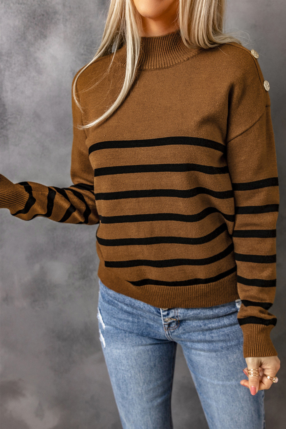 Khaki Striped Turtleneck Long Sleeve Sweater with Buttons