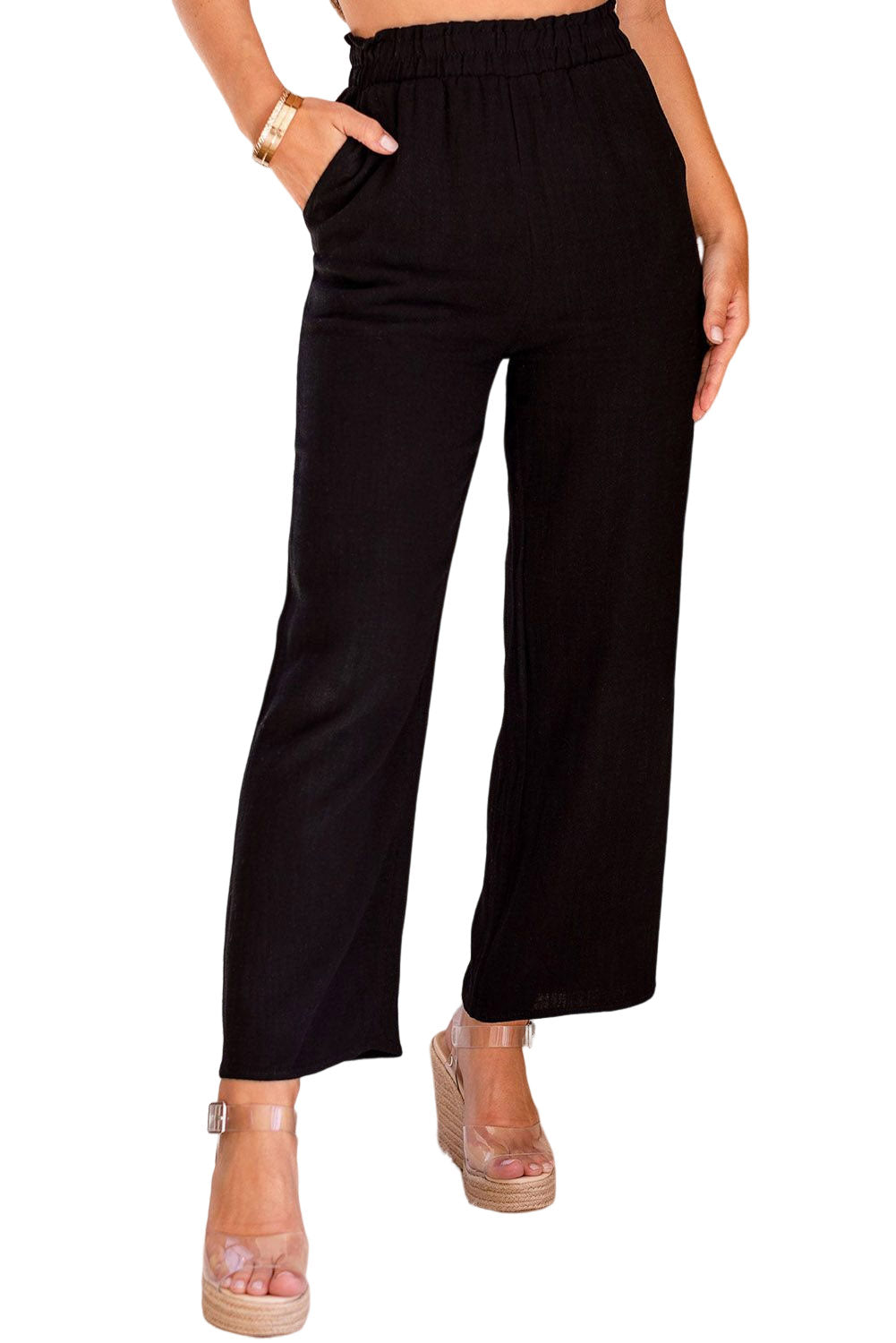 Black Wide Leg Elastic Waist Casual Pants with Pockets