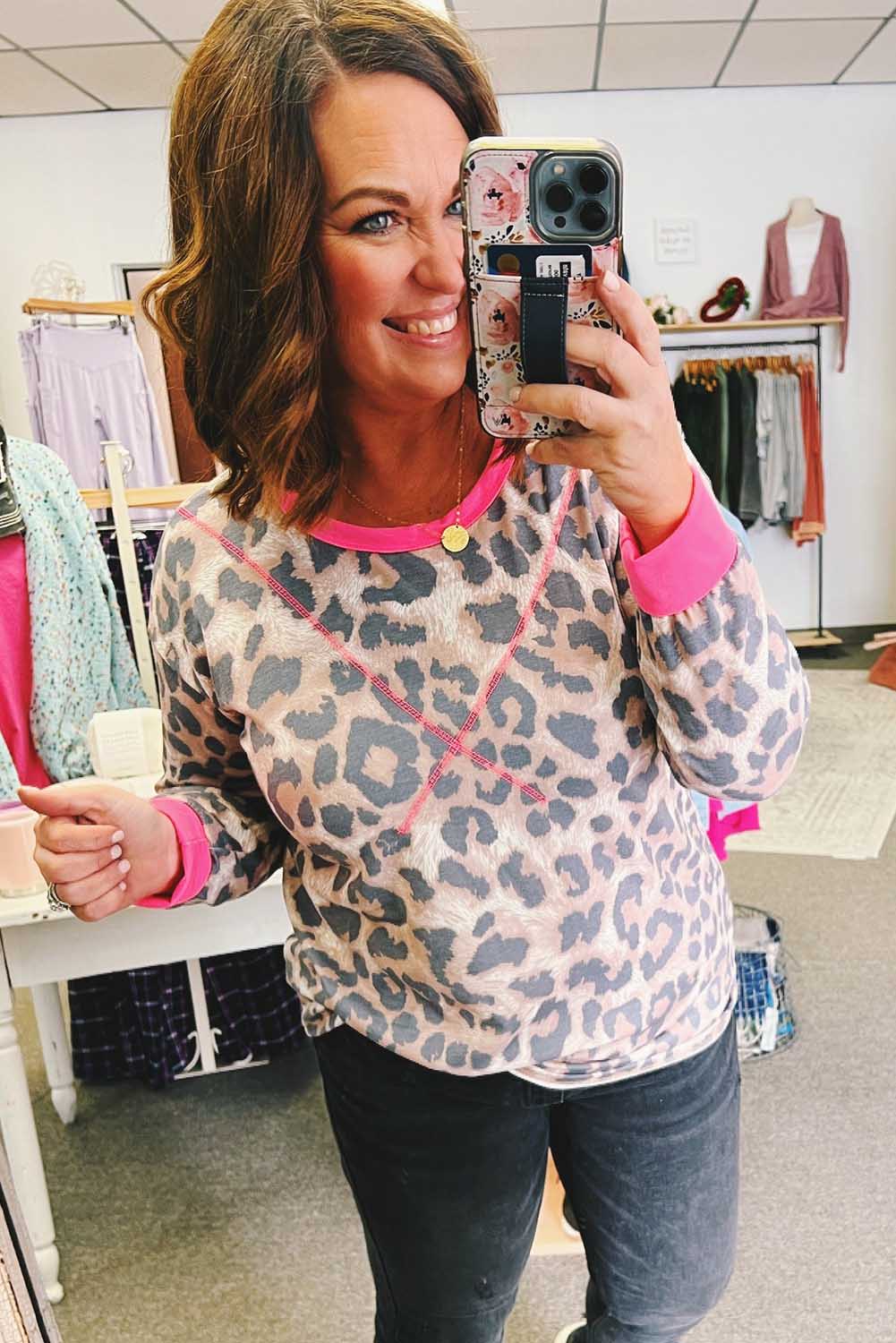 Leopard Contrast Trim Cross-Seam Plus Size Long Sleeve Top