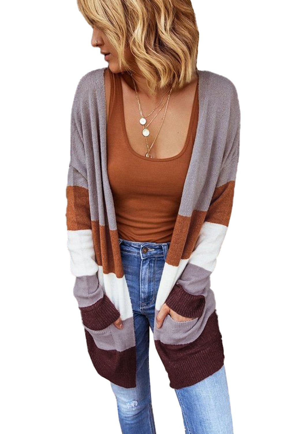 Khaki Open Front Colorblock Cardigan with Pockets