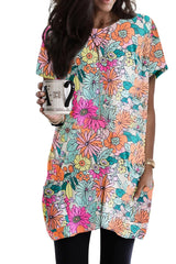 Multicolor Boho Flower Print Short Sleeve Tunic Top