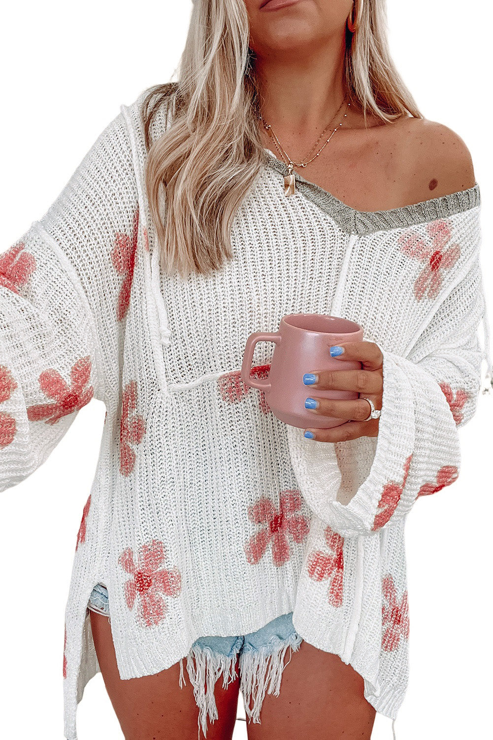 Floral Print Lightweight Knit Hooded Sweater