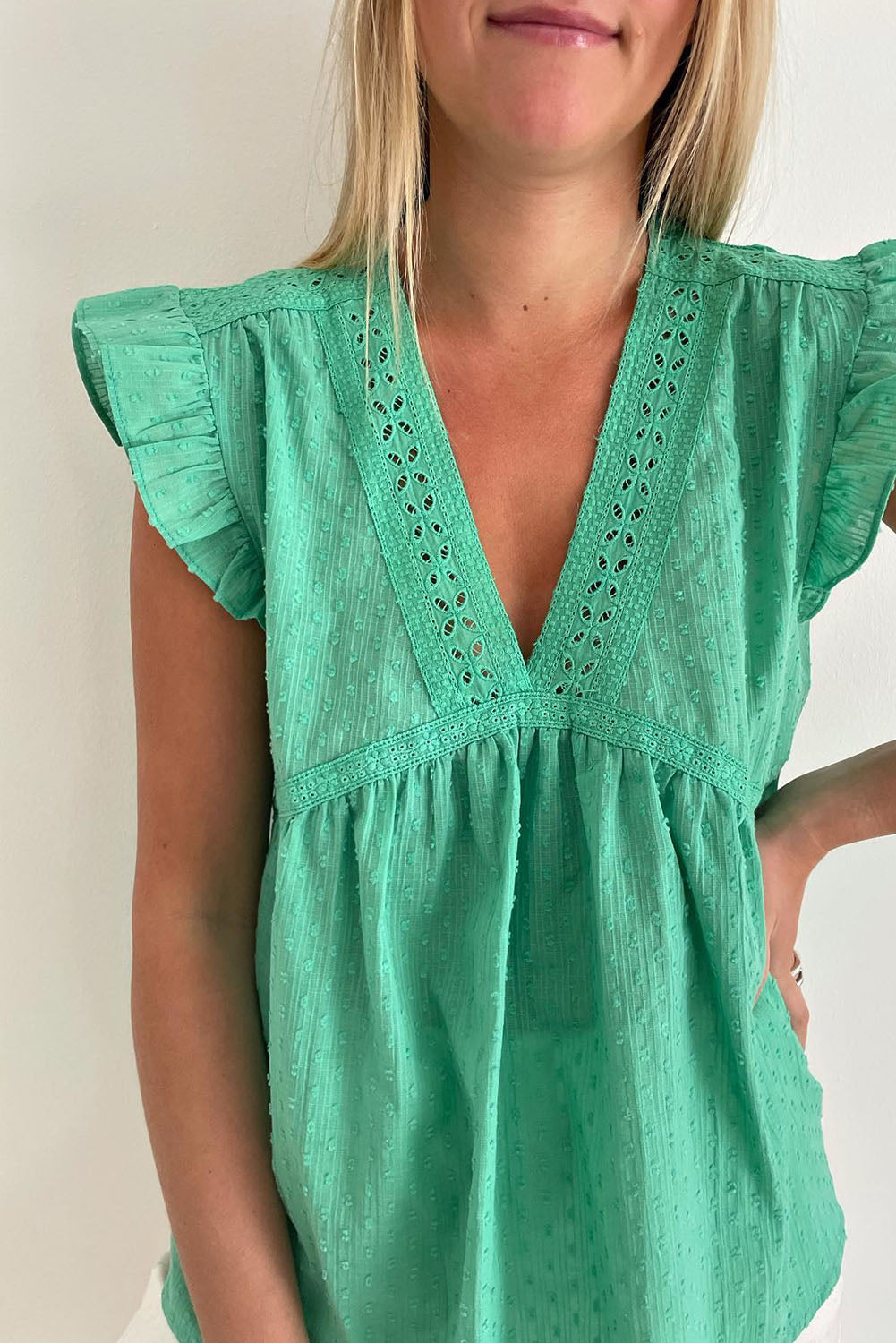 Green Eyelet V Neckline Ruffle Swiss Dot Top