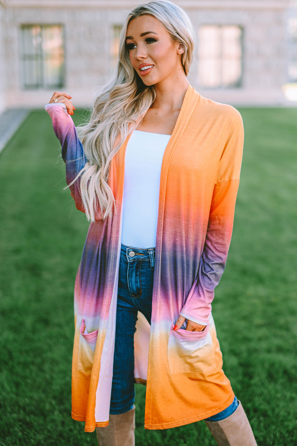 Yellow Gradient Tie-dye Open Front Mid-length Cardigan