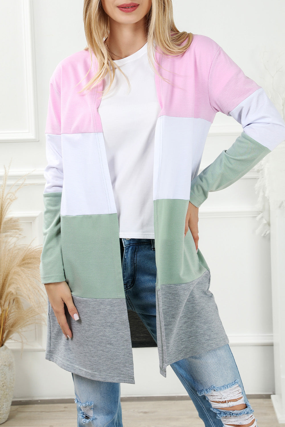 Pink Plus Size Colorblock Open Front Cardigan