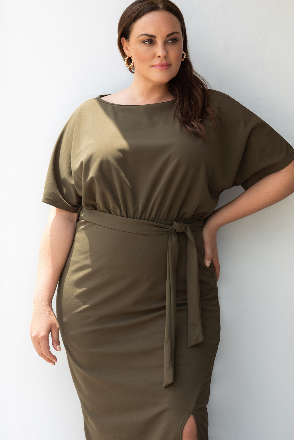 Green Belted High Waist Side Slit Plus Size Maxi Dress