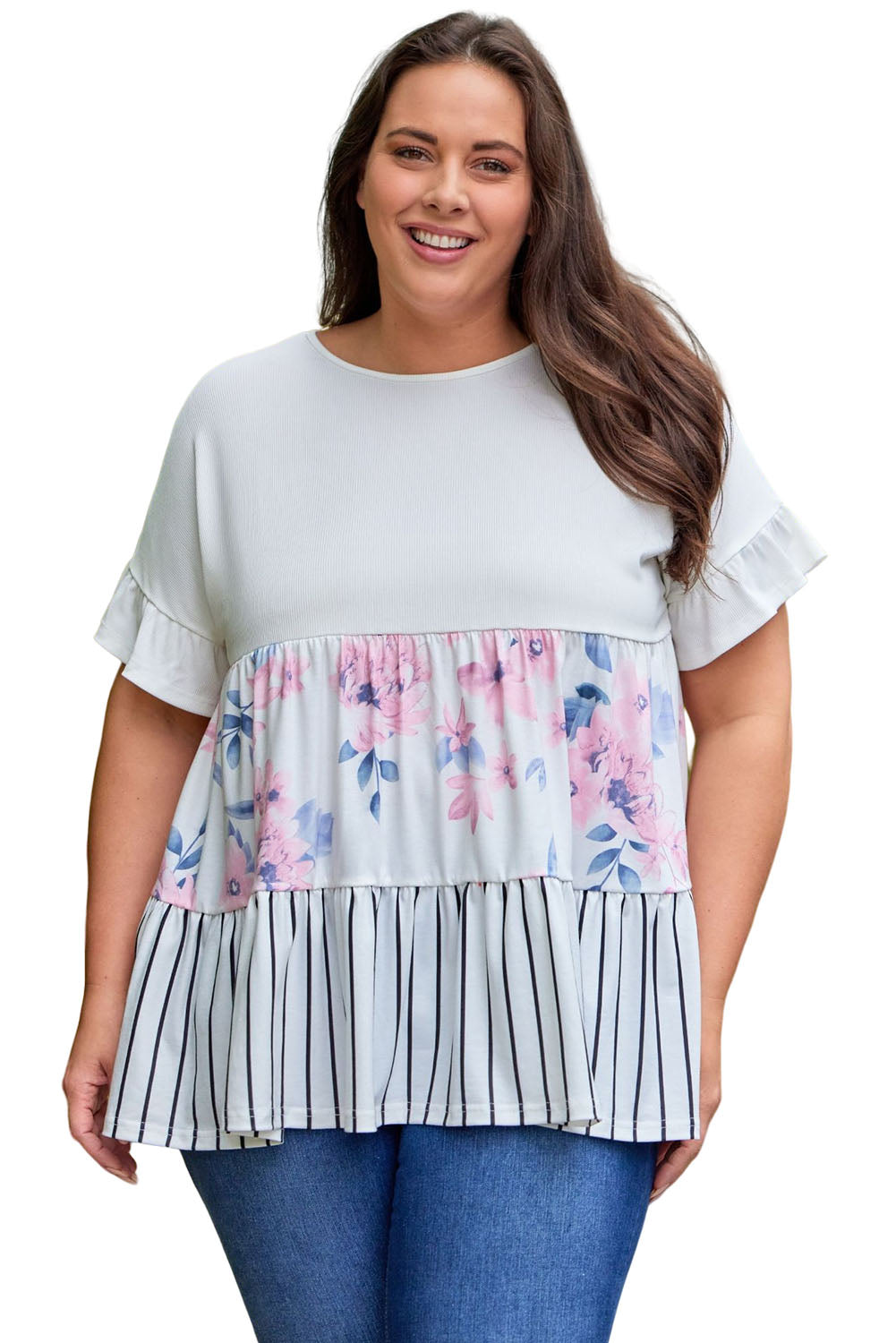 Black Plus Size Floral Stripe Color Block Babydoll Top