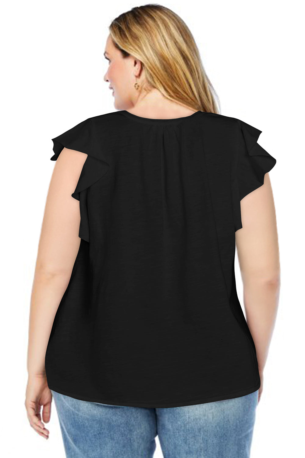 Black V Neck Ruffle Sleeve Plus Size Top