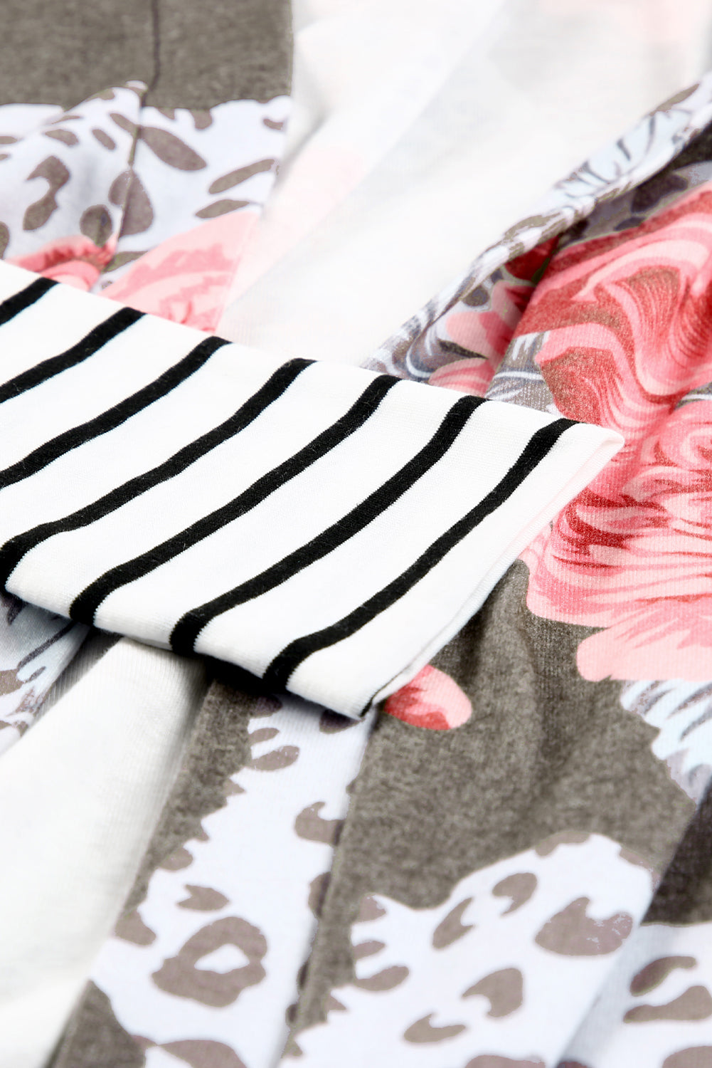 Brown Striped Cuffs Floral Print Long Cardigan
