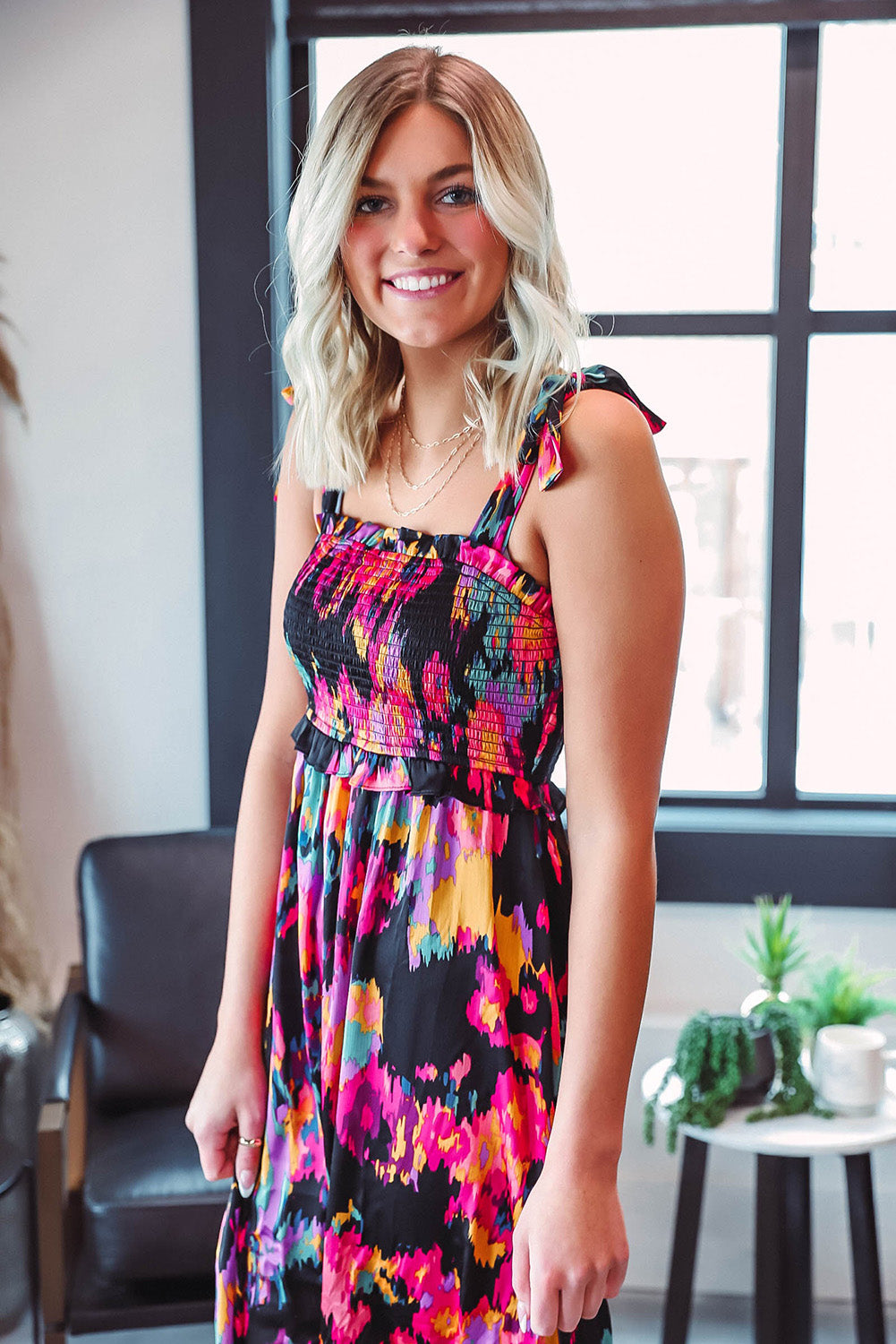 Black Smocked Tie-dye Print Midi Dress