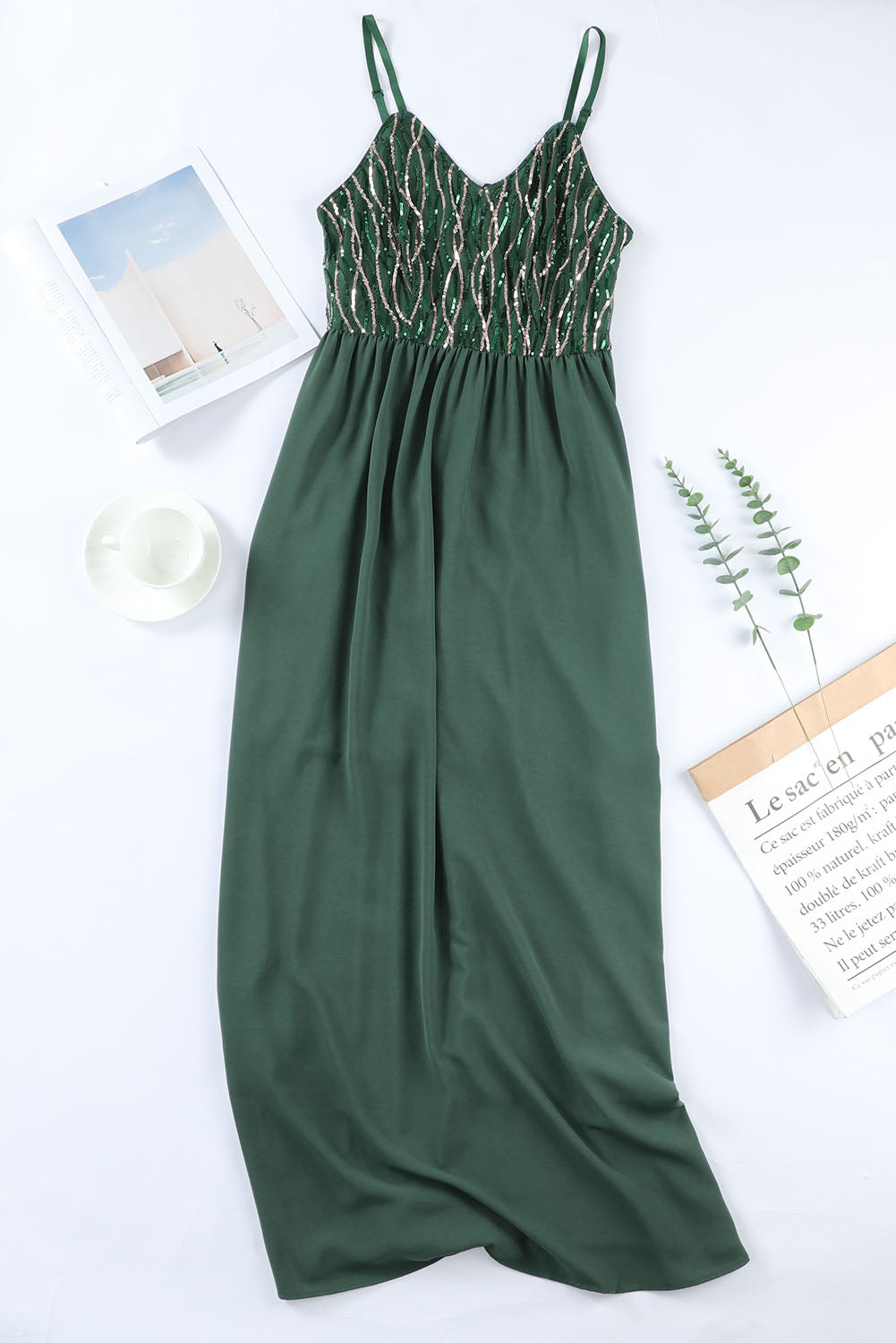 Green Sequin Lines Bodice High Waist Gown