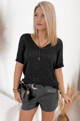 Black Plain Short Sleeve V Neck Knitted Top