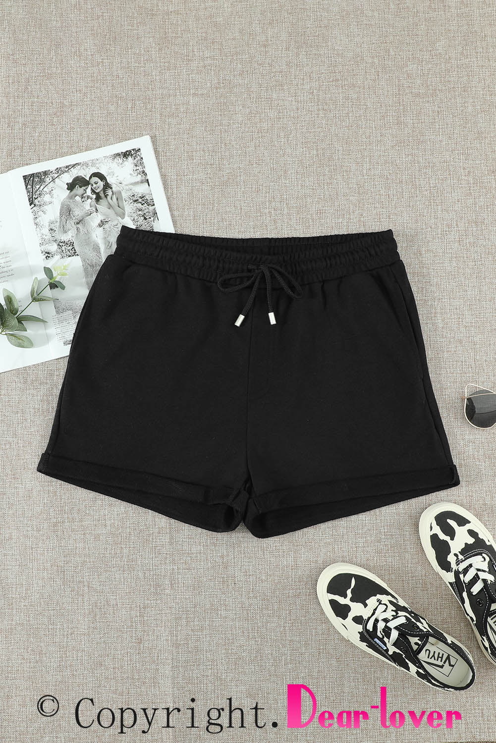 Green Tie Waist Side Pockets Cuffed Lounge Shorts