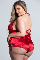 Red Sexy Lace Bow Halter Backless Plus Size Babydoll Set