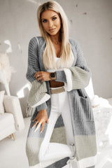 Gray Colorblock Cable Knit Side Pockets Duster Cardigan