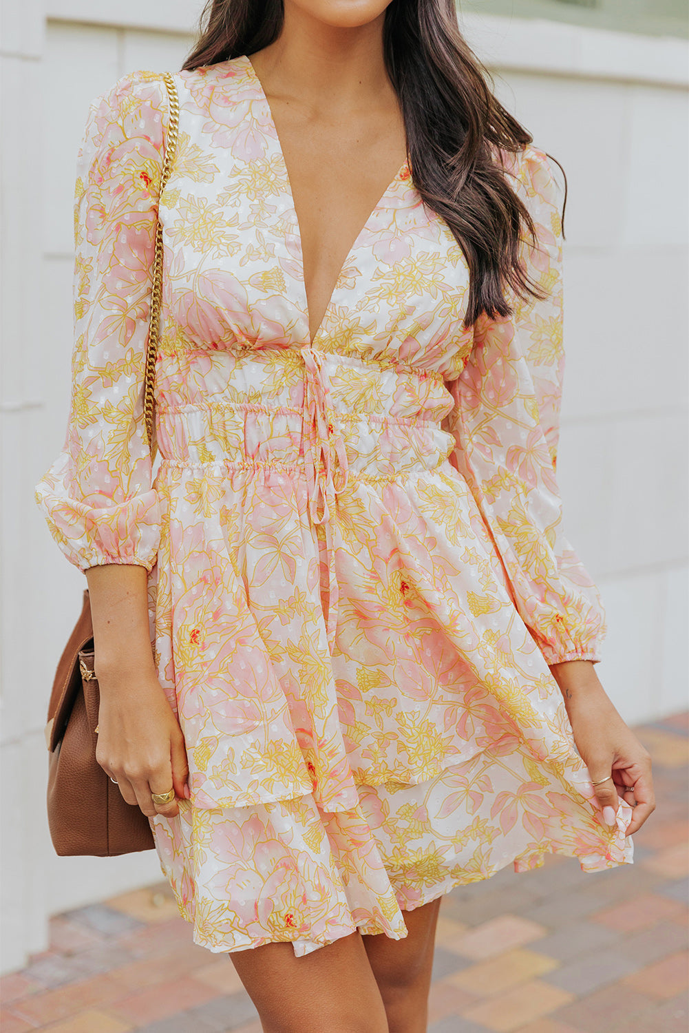 Yellow V Neck Long Sleeve Tiered Floral Dress
