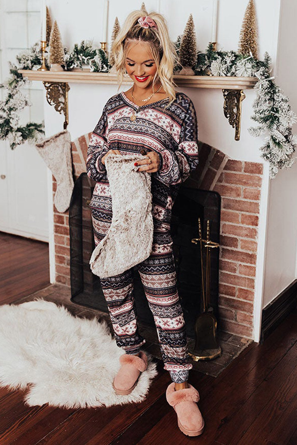 Black Christmas Snowflake Print Long Sleeve and Joggers Lounge Set