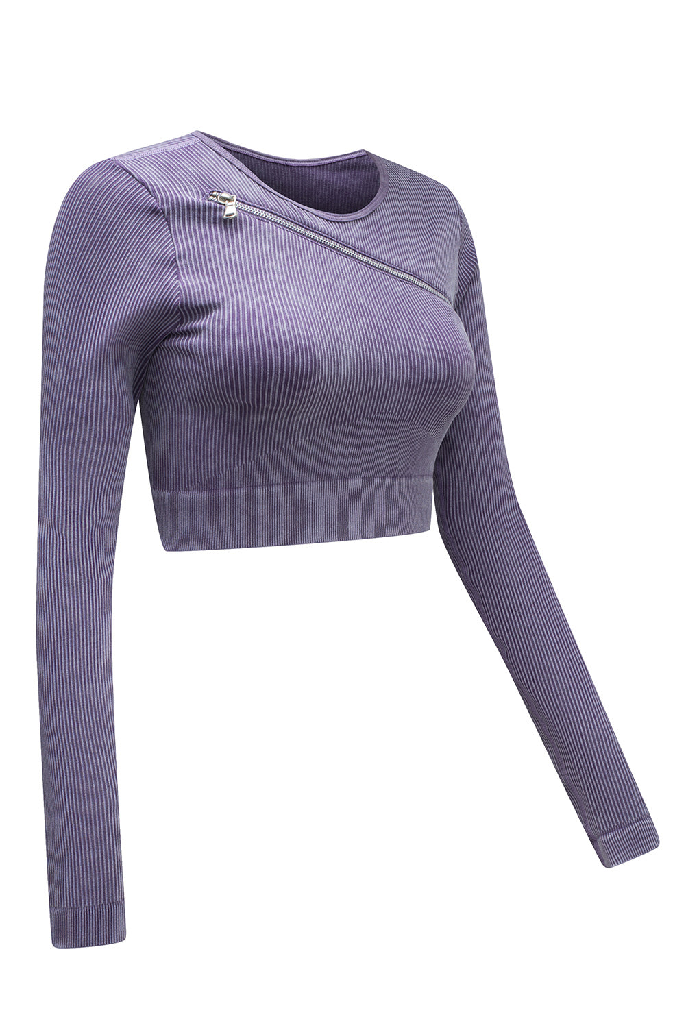 Black Asymmetric Zipped Ribbed Long Sleeve Yoga Top