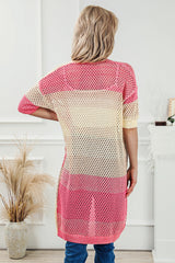 Pink Ribbed Short Sleeve Ombre Eyelet Knitted Cardigan