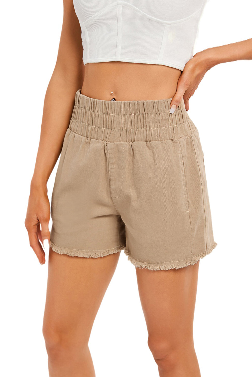 Khaki Smocked Elastic High Waist Casual Shorts