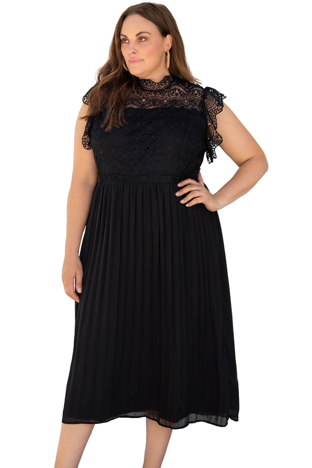 Black Plus Size Lace Bodice High Neck Flowy Pleated Dress