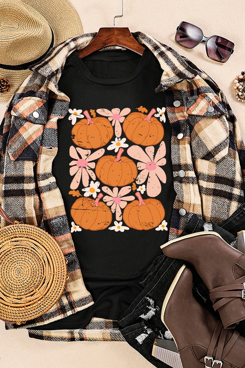 Black Halloween Sunflower Pumpkin Graphic Tee