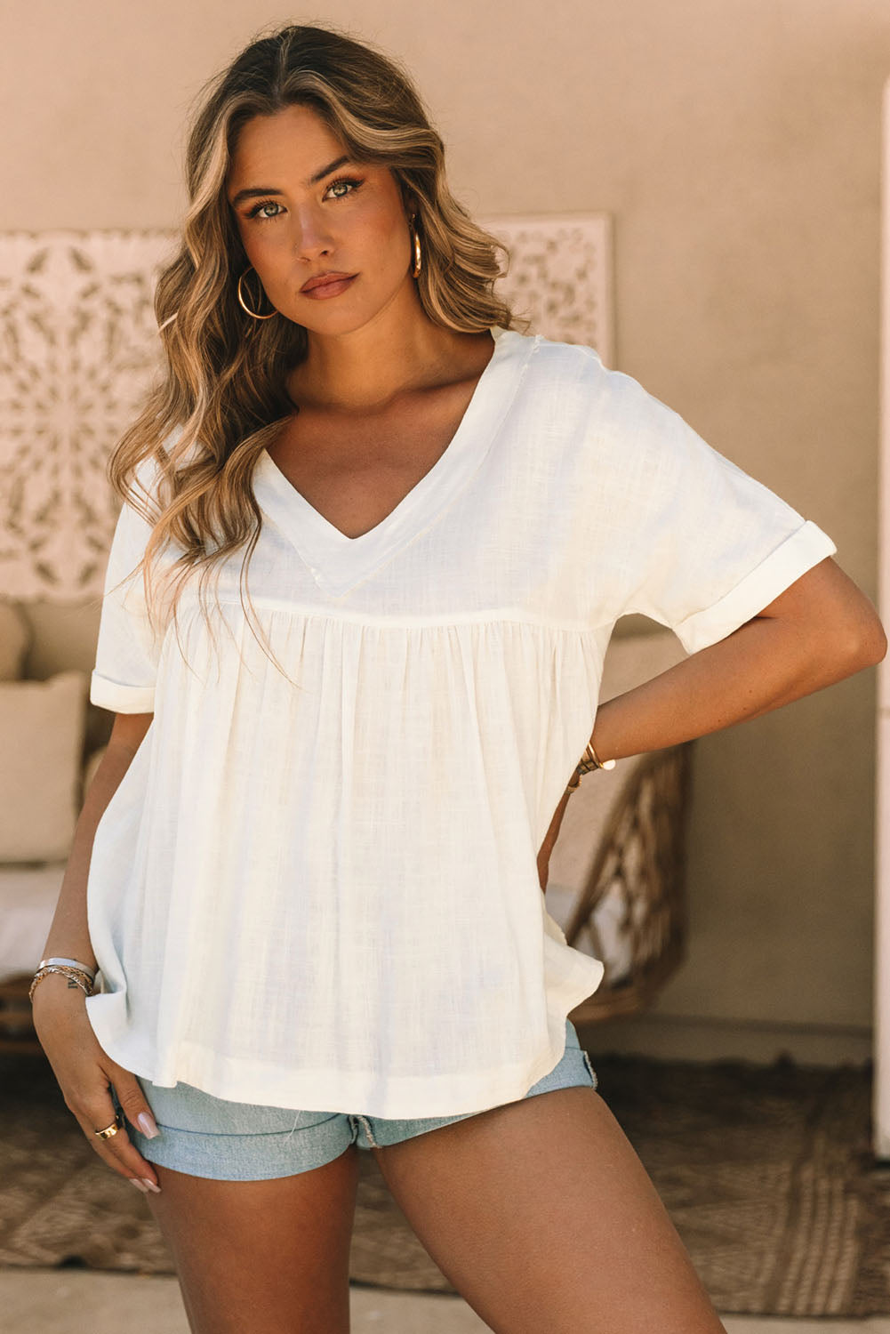 White Frayed V Neck Ruffled Babydoll Blouse