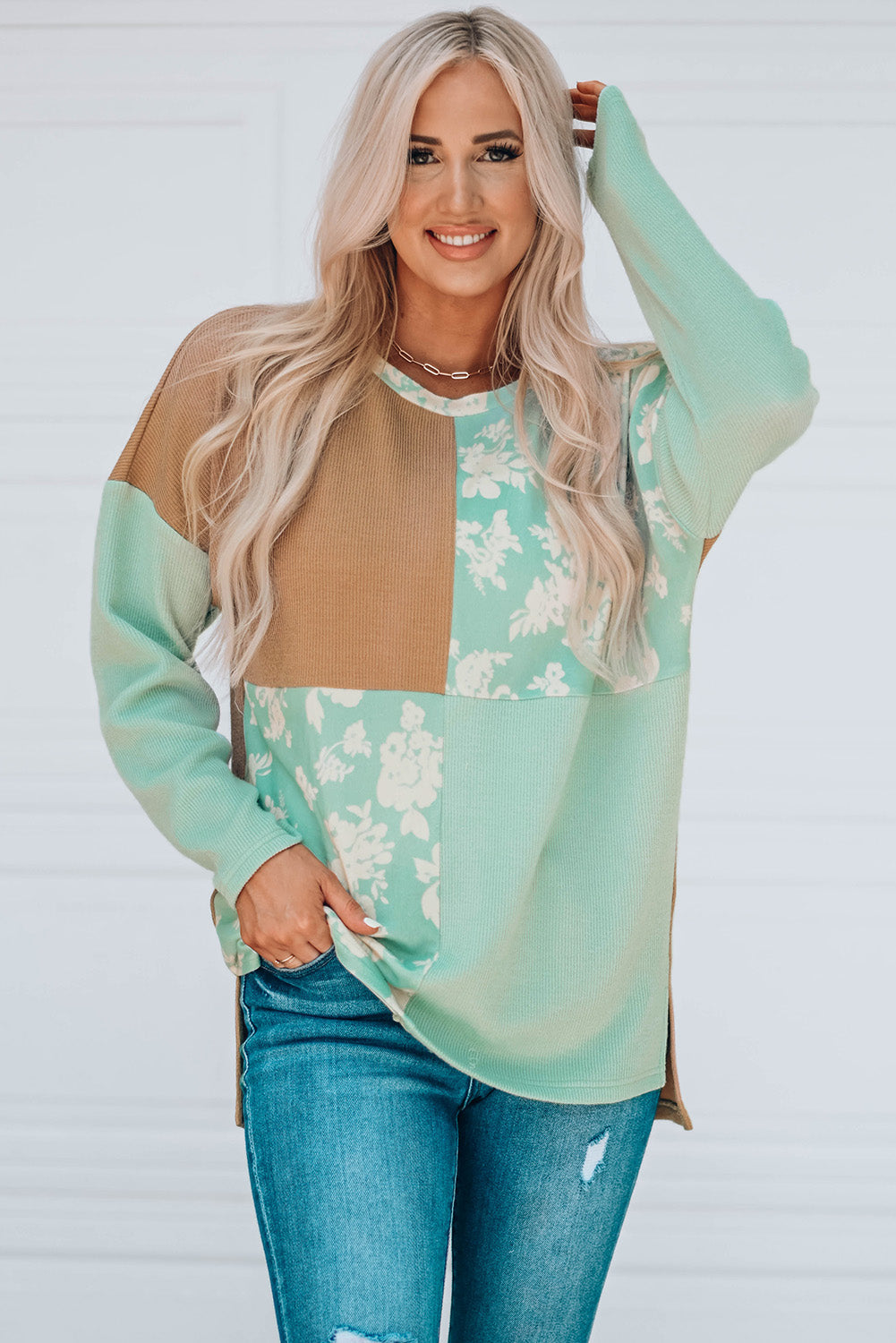 Green Floral Print Color Block Patchwork Top