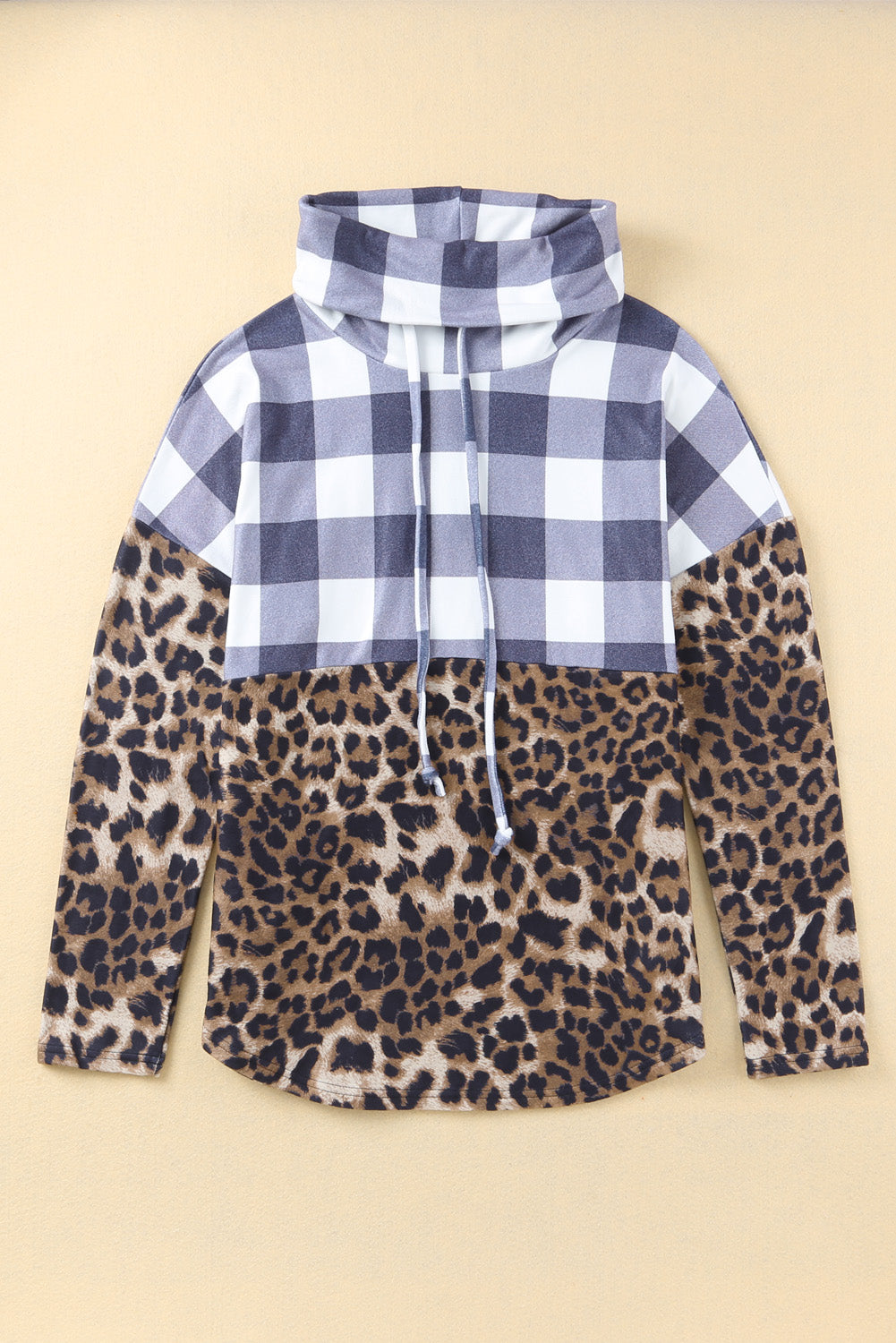 Leopard Plaid Patchwork Cowl Neck Sweatshirt