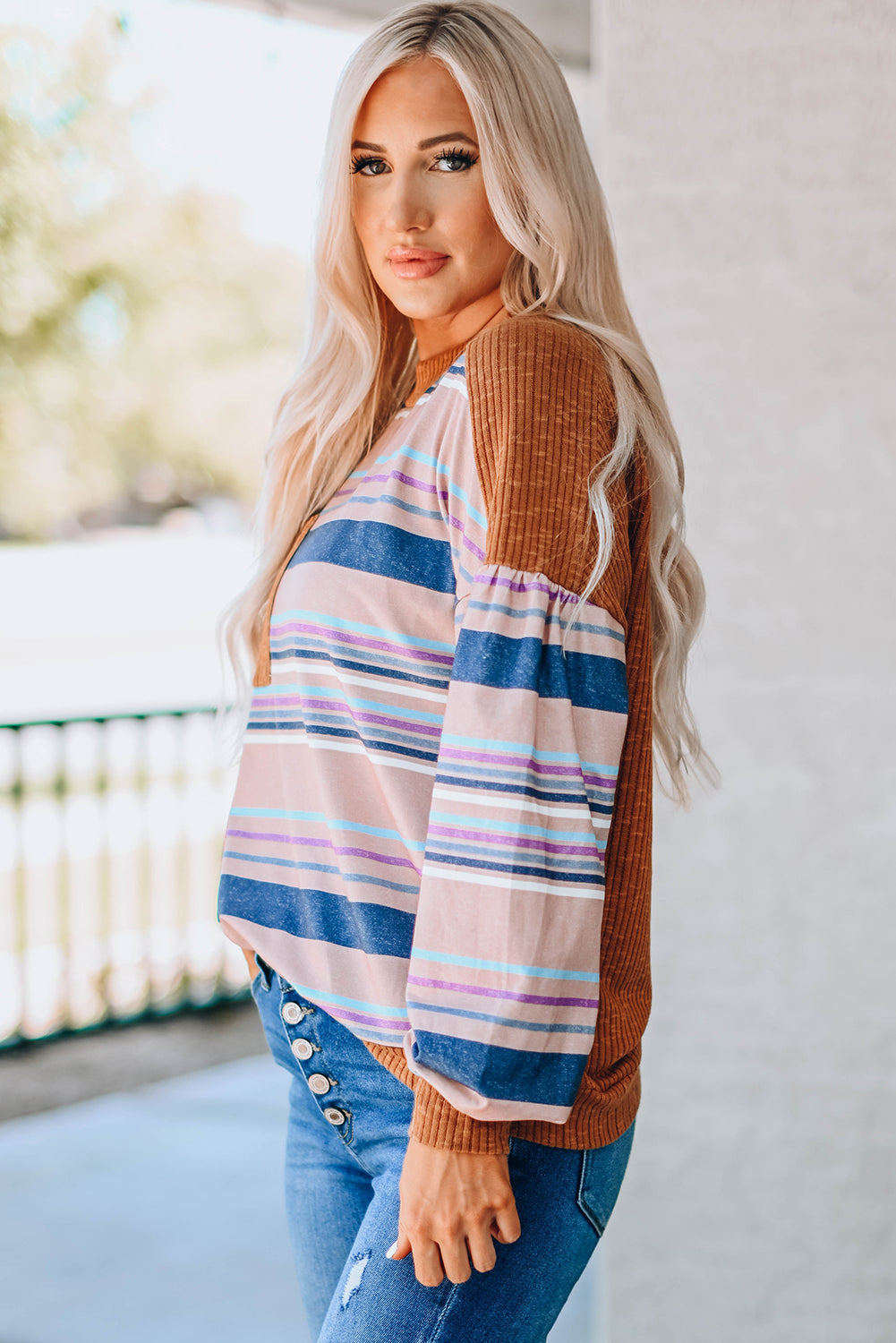 Striped Print Ribbed Knit Patchwork Pullover Top