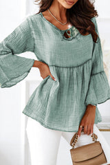 Green Crinkle Lace Up Round Neck Bell Sleeve Blouse