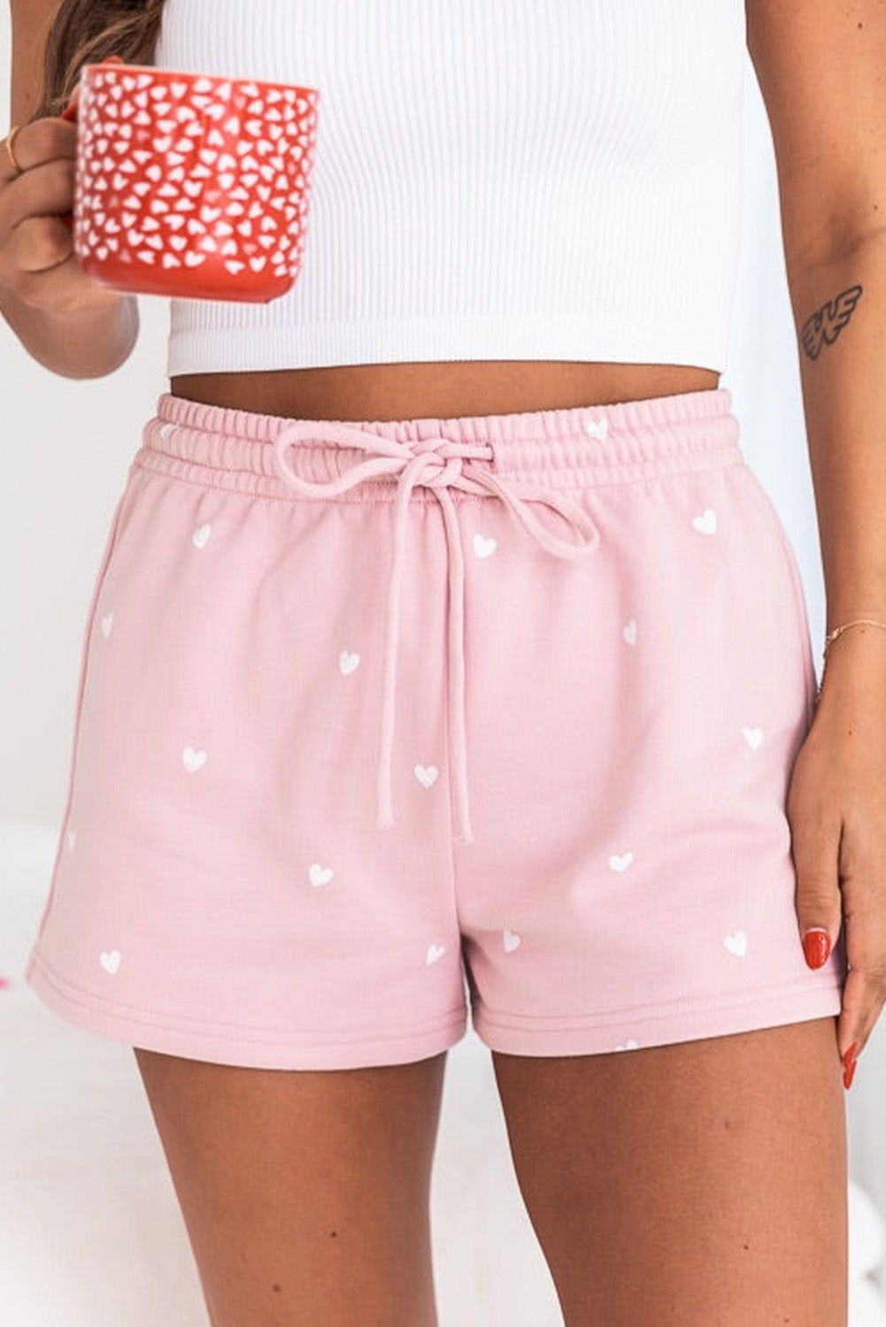 Pink Cute Heart Print Drawstring Lounge Shorts