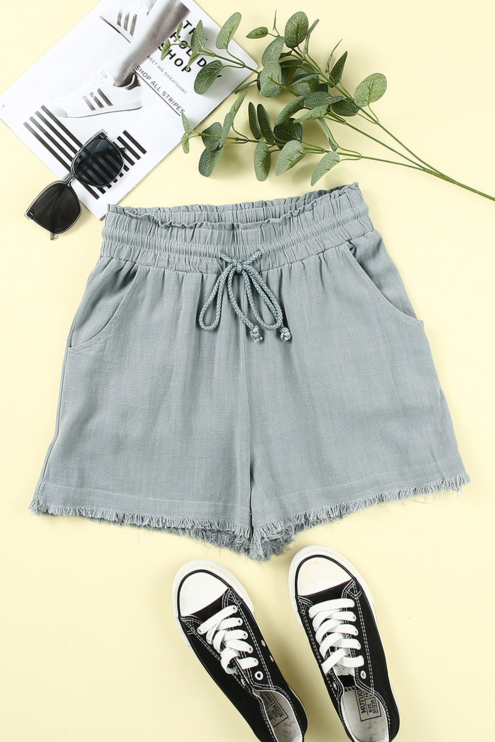 Gray Drawstring Frayed Edge Pocketed Shorts