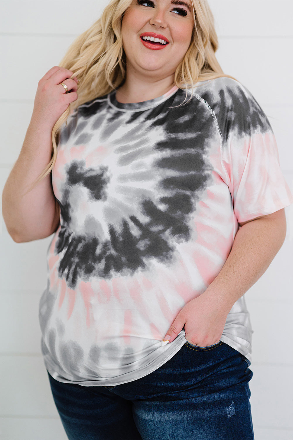Gray Tie-dye Raglan Sleeve Plus Size T-shirt