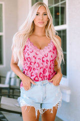 Pink Leopard Print Floral Lace Patch V Neck Tank Top