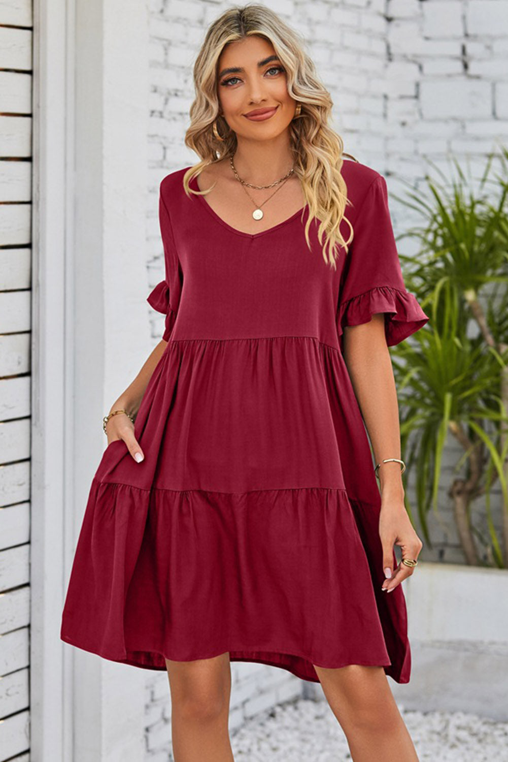 Red V Neck Ruffle Short Sleeve Flared Midi Dress