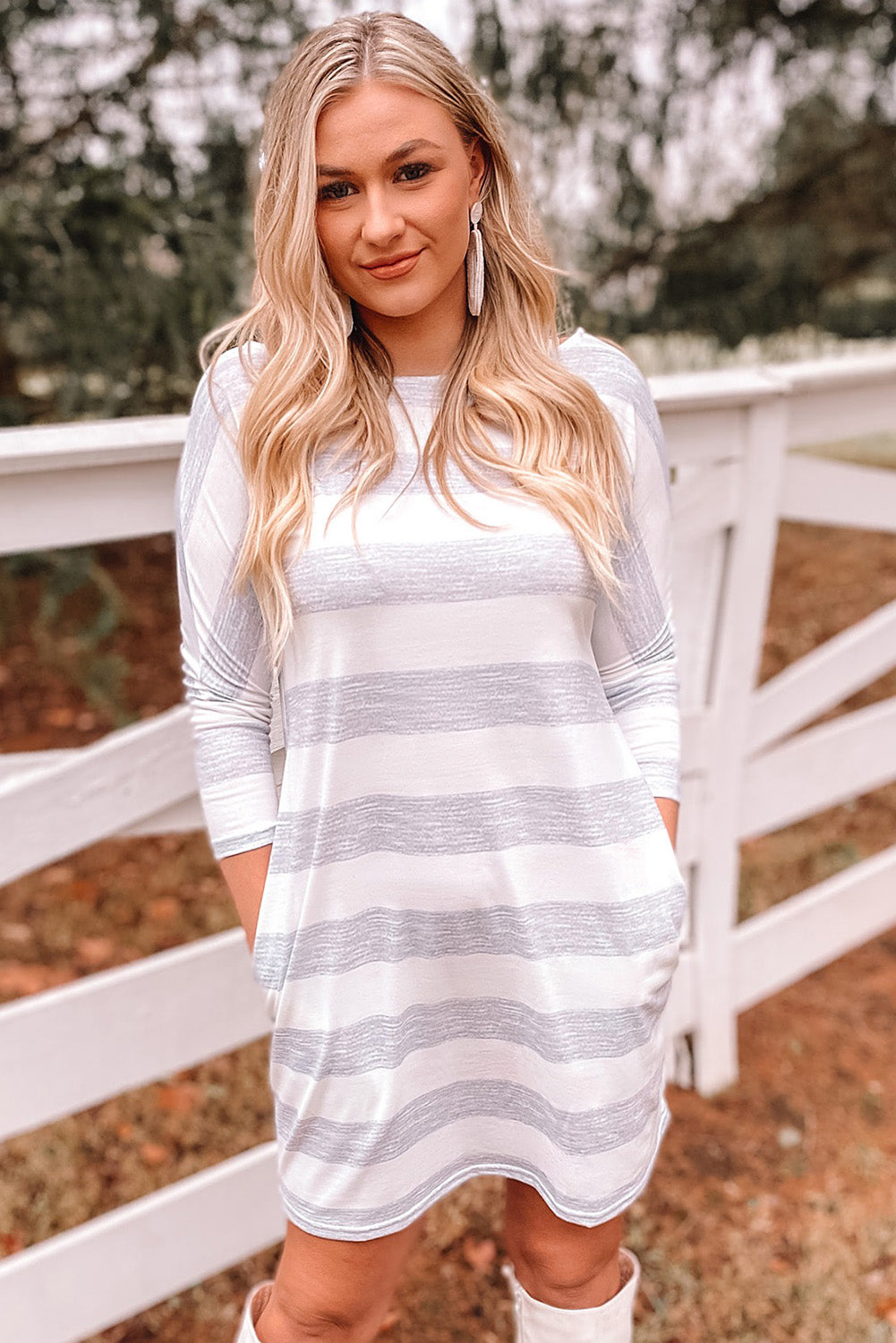 Stripe Loose Fit Pocketed Long Sleeve Mini Dress