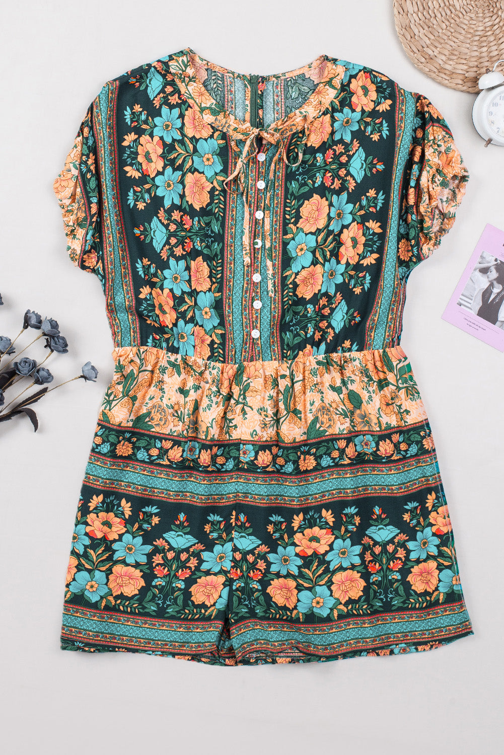 Multicolor Spring Floral Buttons Short Sleeve Romper