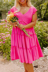 Pink Plus Size Solid Frill Tiered V Neck Smocked Dress